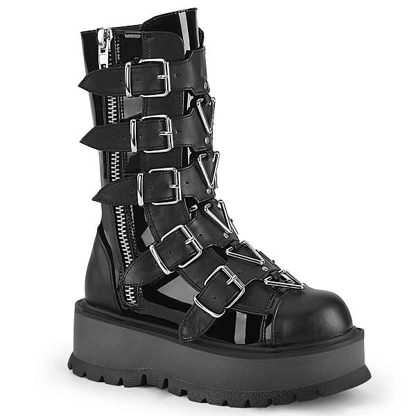 Demonia Slacker-160 Black Patent/Vegan Leather Stiefel Herren D875-942 Gothic Halbhohe Stiefel Schwarz Deutschland SALE